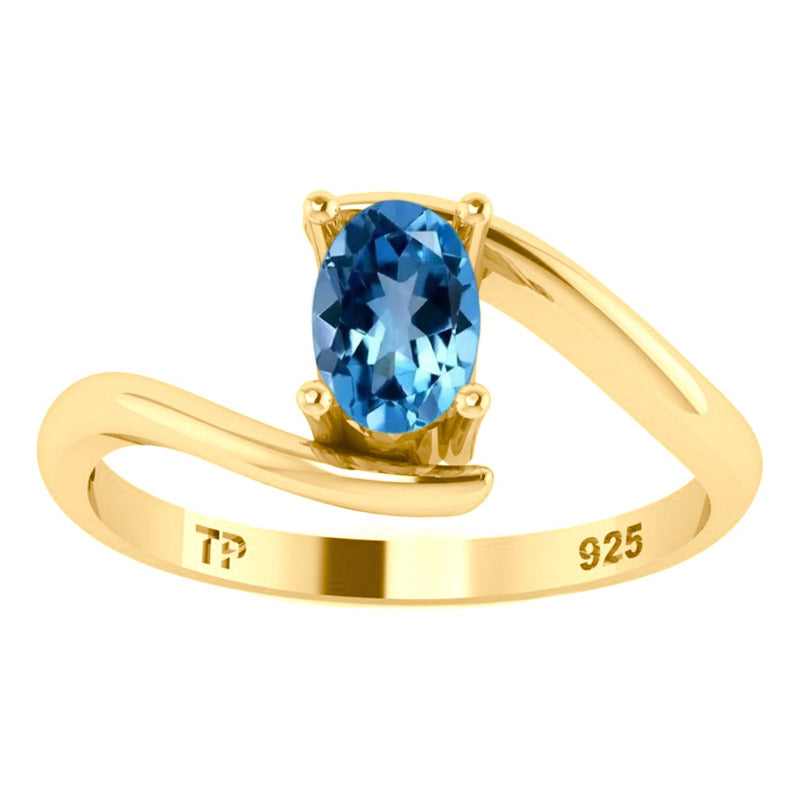 Anel Miami Prata 925 Dourada Ouro 18k - Topázio Azul