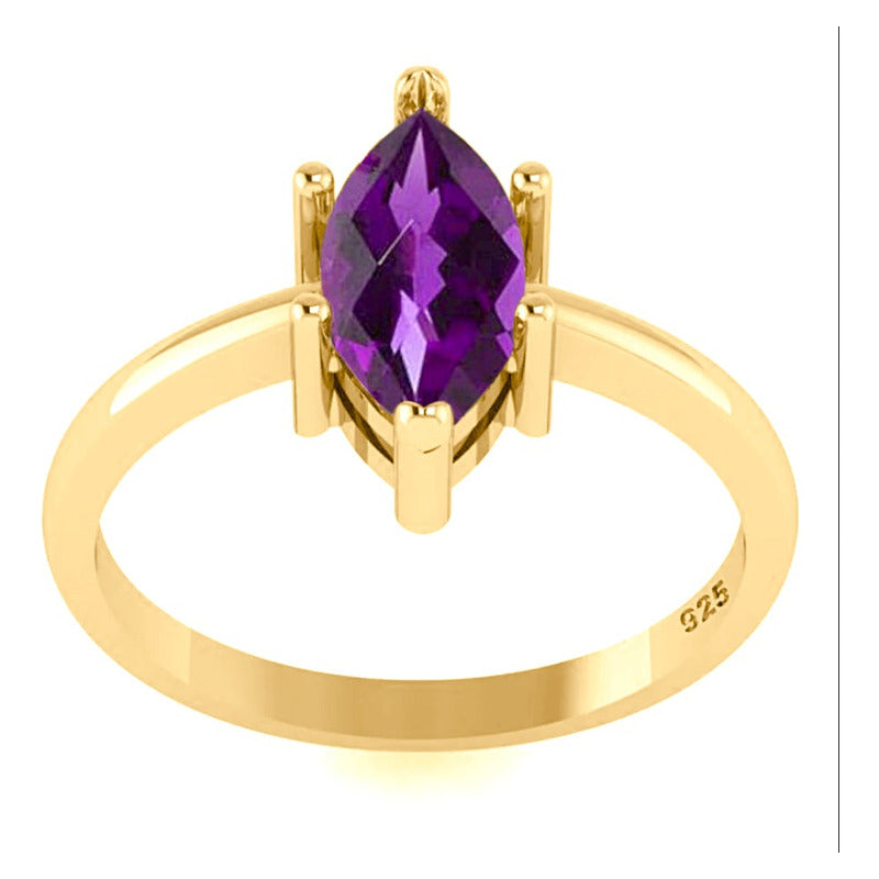 Anel Navete Prata 925 Dourada Ouro 18k - Ametista