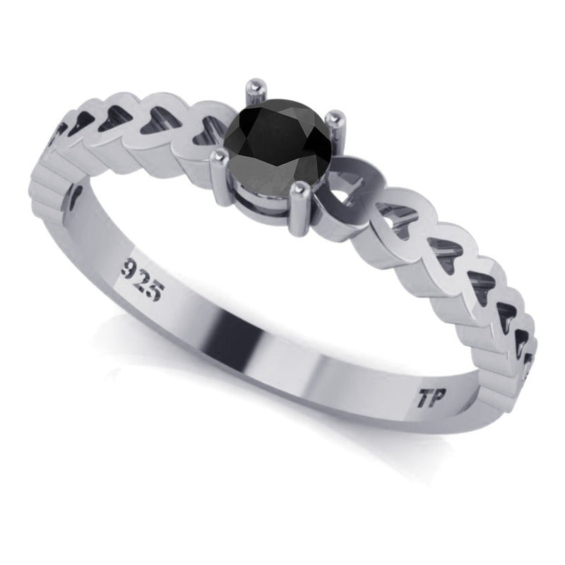 Anel Luxo Pura Prata 925 Corações Black Onix- Exclusivo