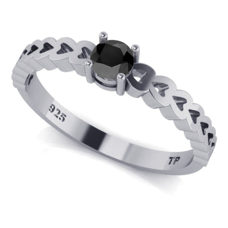 Anel Luxo Pura Prata 925 Corações Black Onix- Exclusivo - Compre Joias Direto Da Fábrica E Economize Dinheiro