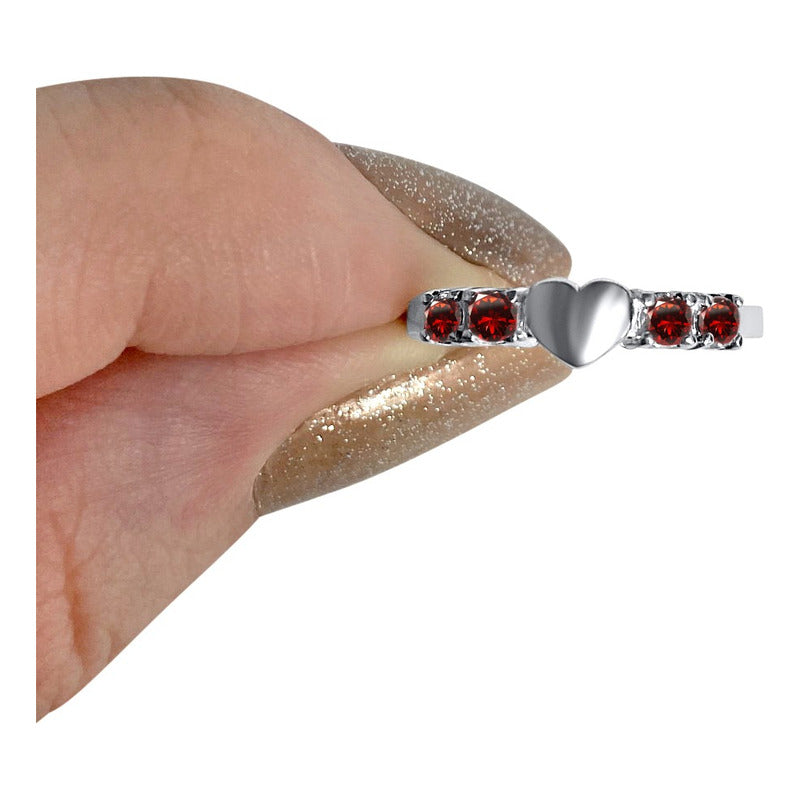 Solid Heart Ring In Pure 925 Silver - Garnet