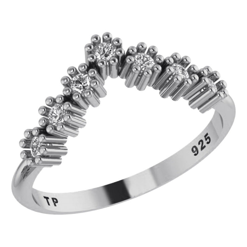 Anel V Pura Prata 925 Chevron Brilhante Zirconias- Exclusivo