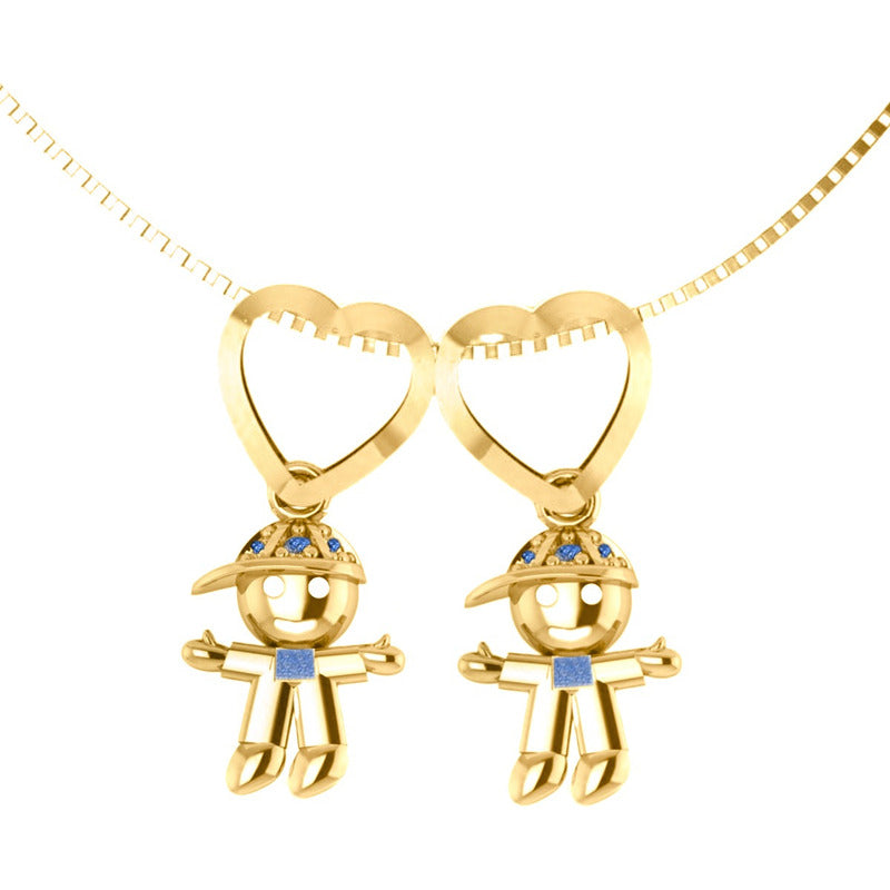 Colar Canga 2 Meninos Com Safiras Prata 925 Dourada Ouro 18k