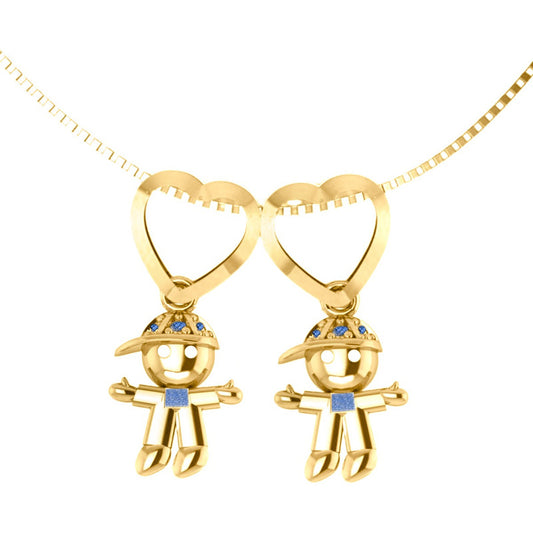 Colar Canga 2 Meninos Com Safiras Prata 925 Dourada Ouro 18k