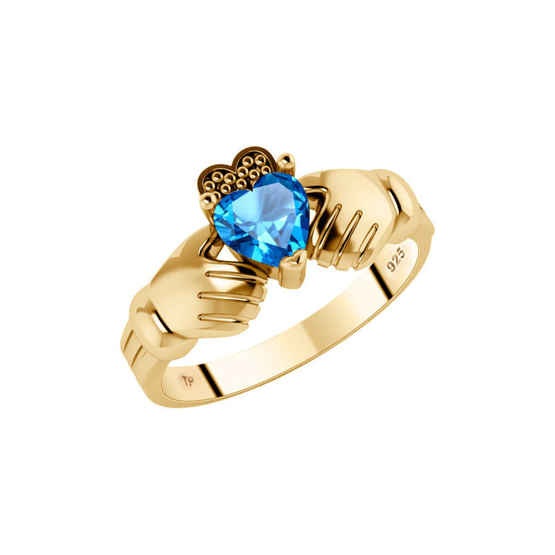 Anel Claddagh Irlandês Prata 925 Dourada 18k - Topázio Azul