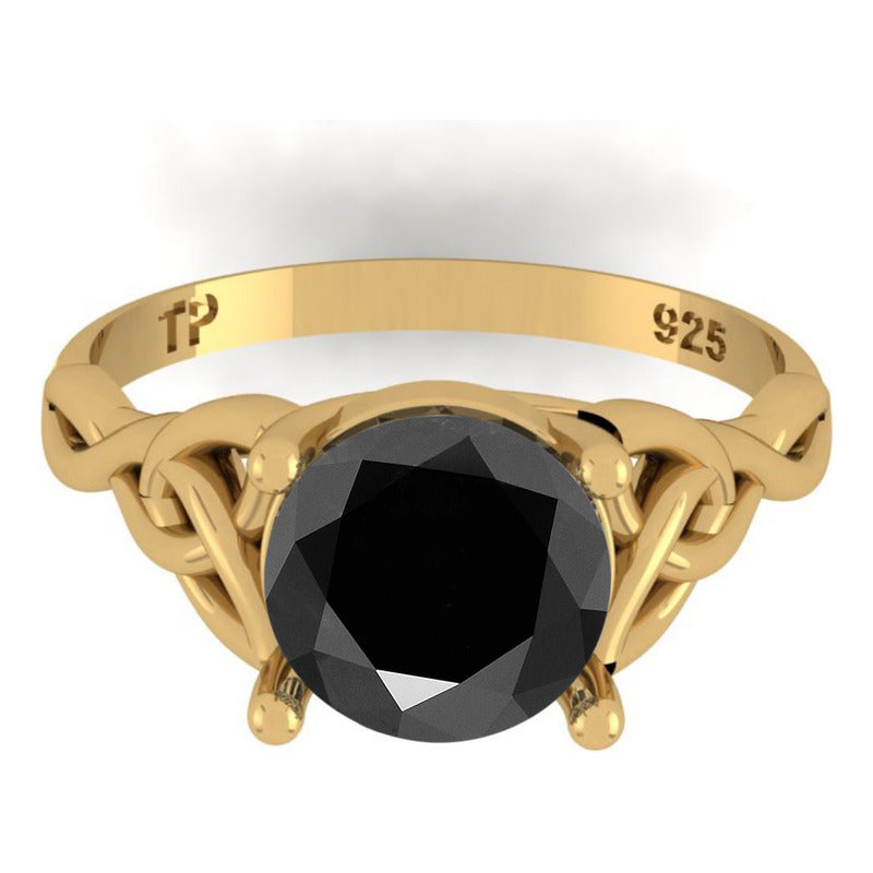 Anel Prata 925 Dourada 18k Celta Knot Trinity - Black Onix