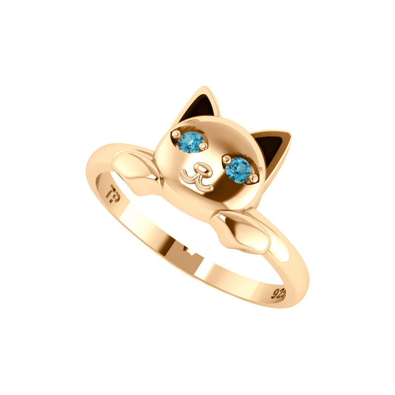 Anel Gatinho Olhos Topázio Azul - Prata 925 Dourada 18k