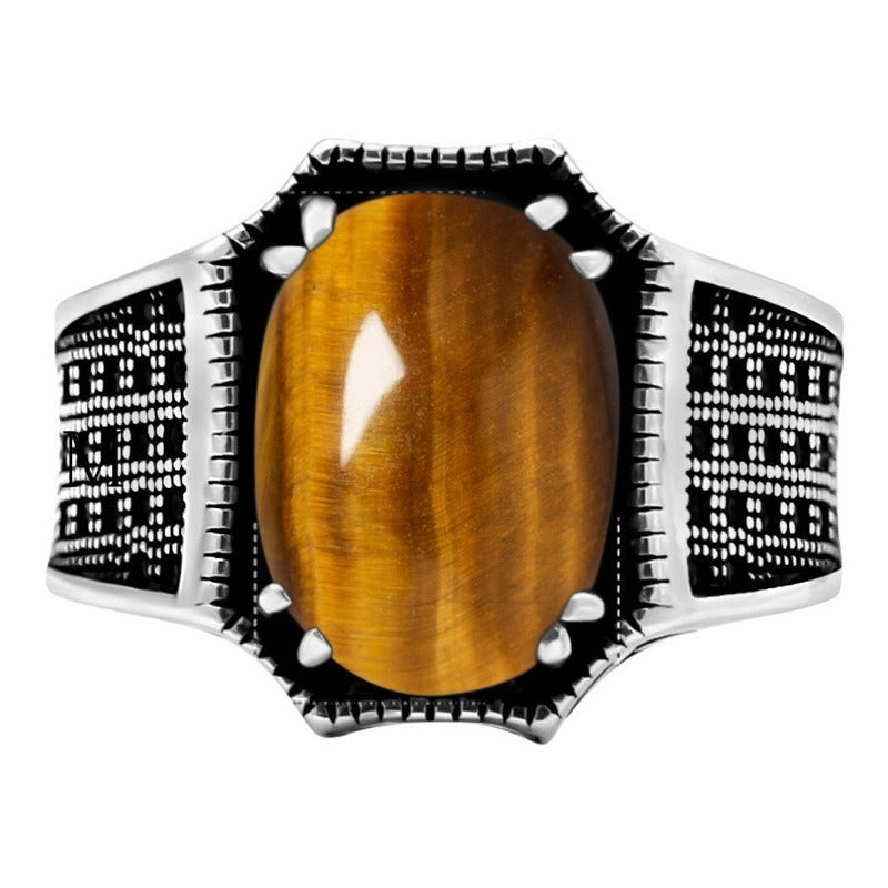 Anel Prata 925 Olho De Tigre Natural Cabochão Exclusivo