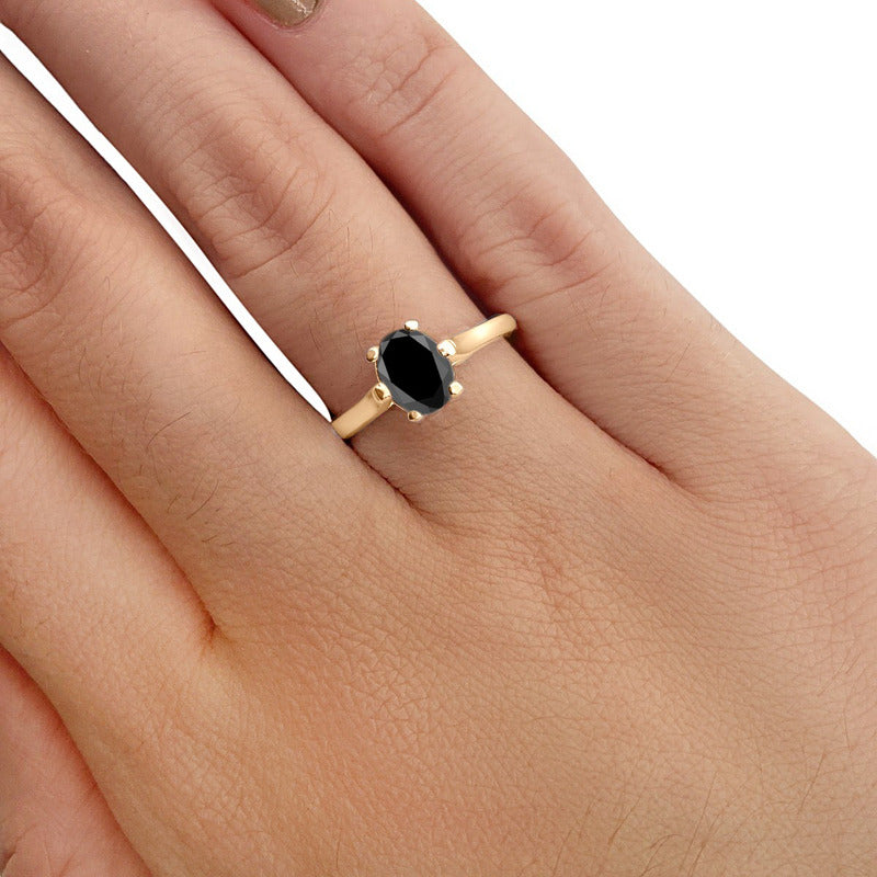Anel Solitário Oval Em Prata 925 Dourada 18k - Black Ônix