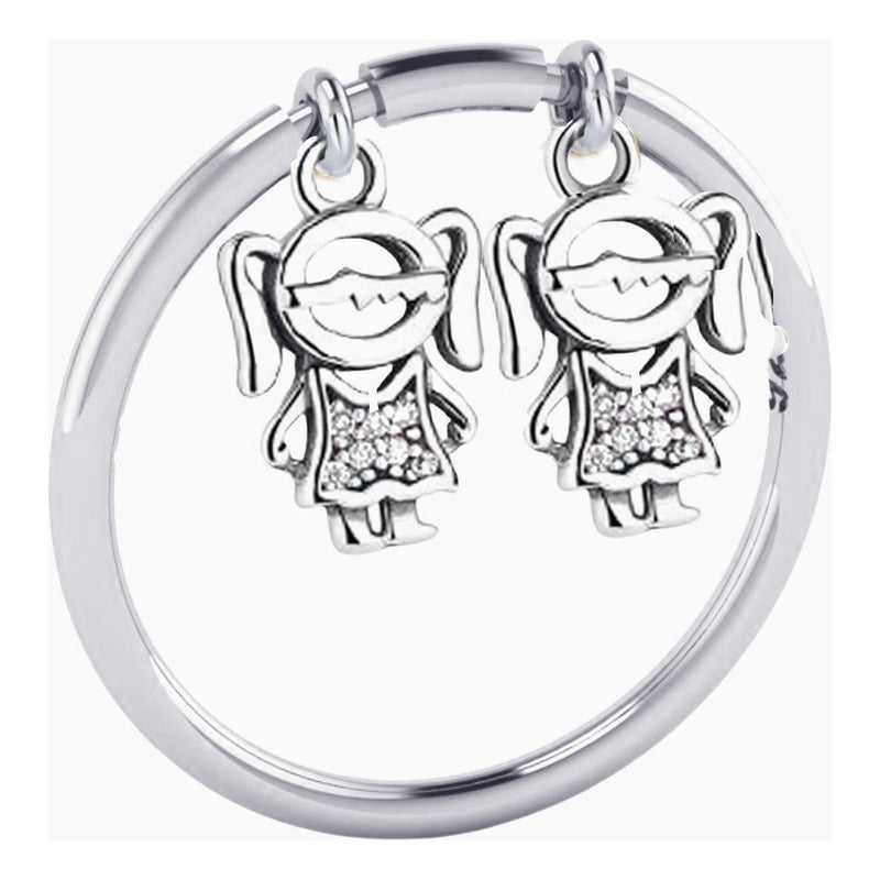 Anel Pingentes Crianças Prata 925 Duas Meninas - Exclusivos