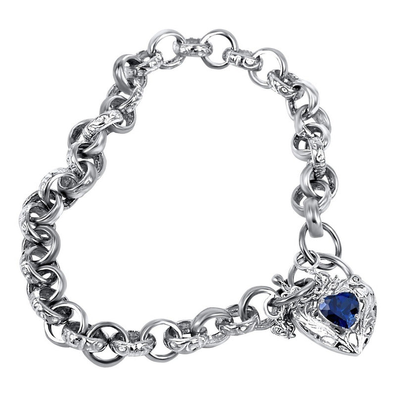 Pulseira Prata 925 Elo Português Safira Azul - Fecho Coração