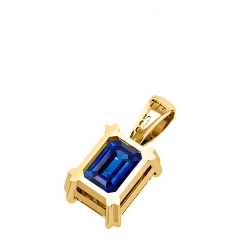 Pingente Retangular Prata 925 Dourada 18k - Safira Azul