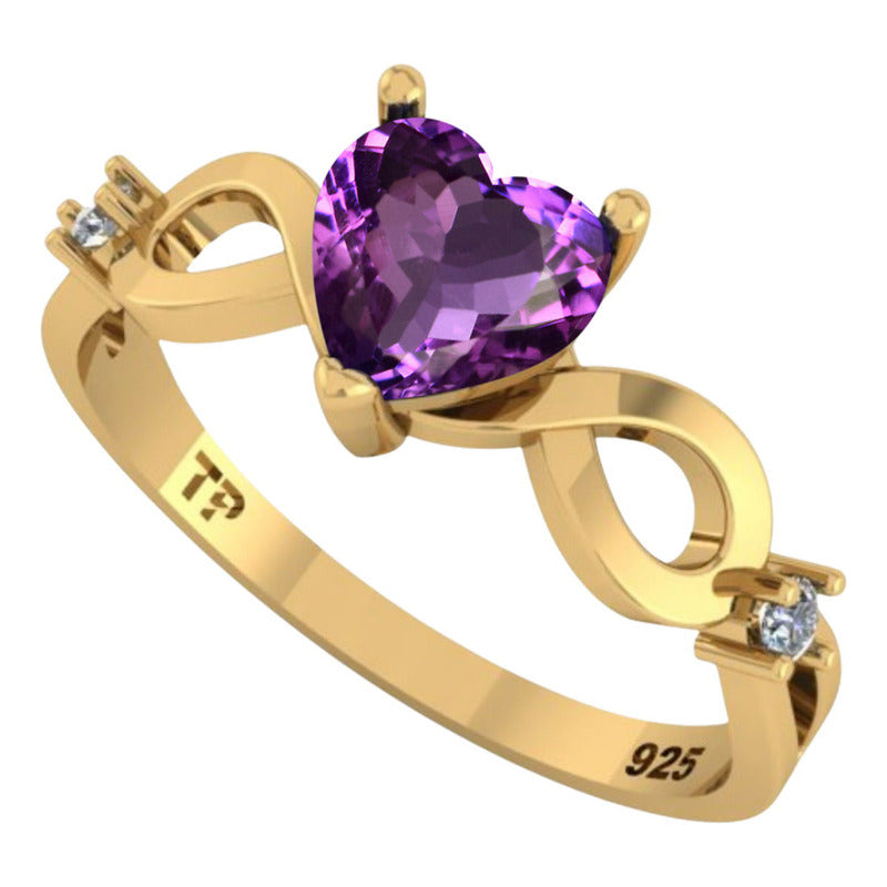 Anel Prata 925 Dourada 18k Infinito Amor Coração - Ametista