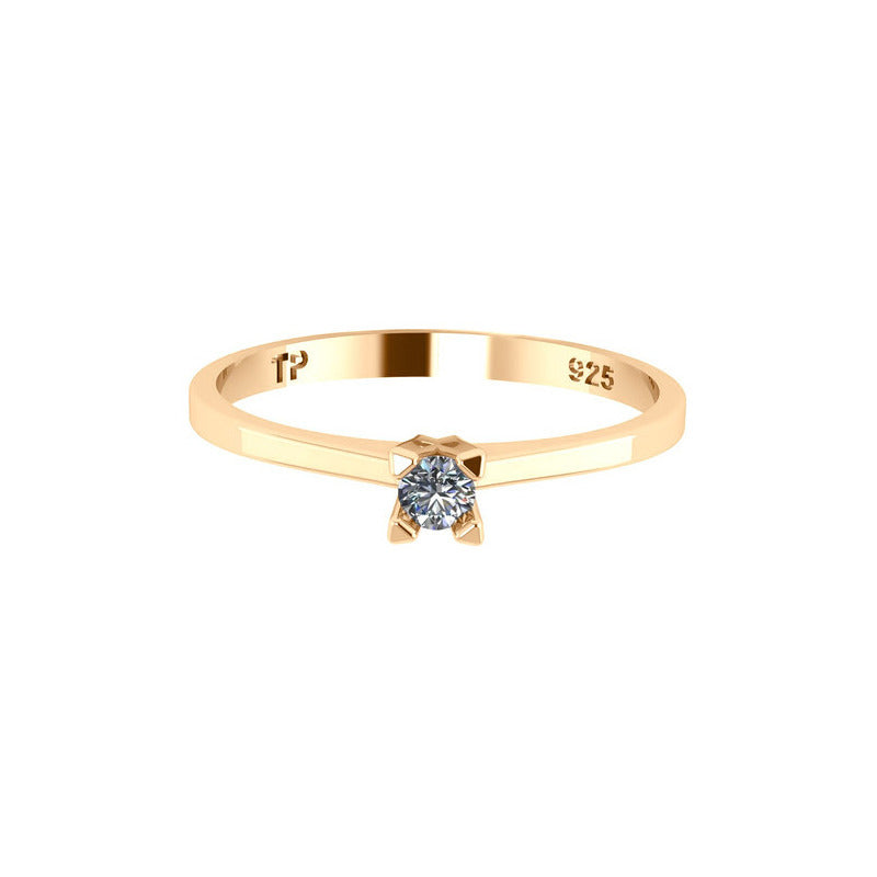 Anel Solitário Prata 925 Dourada 18k - Zircônia