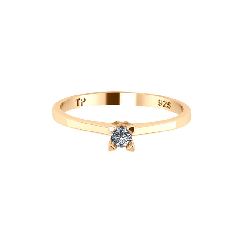 Anel Solitário Prata 925 Dourada 18k - Zircônia