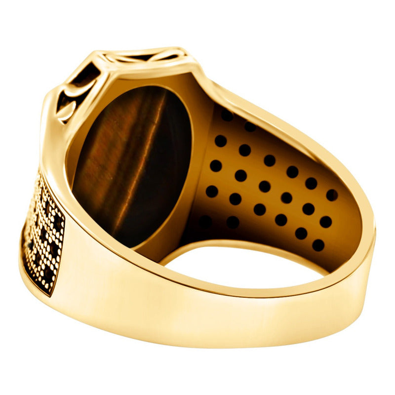 Anillo cabujón de plata 925 bañado en oro de 18 quilates - Ojo de tigre