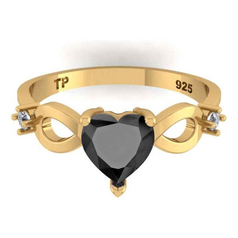 Anel Prata 925 Dourada 18k Infinito Amor Coração - Onix