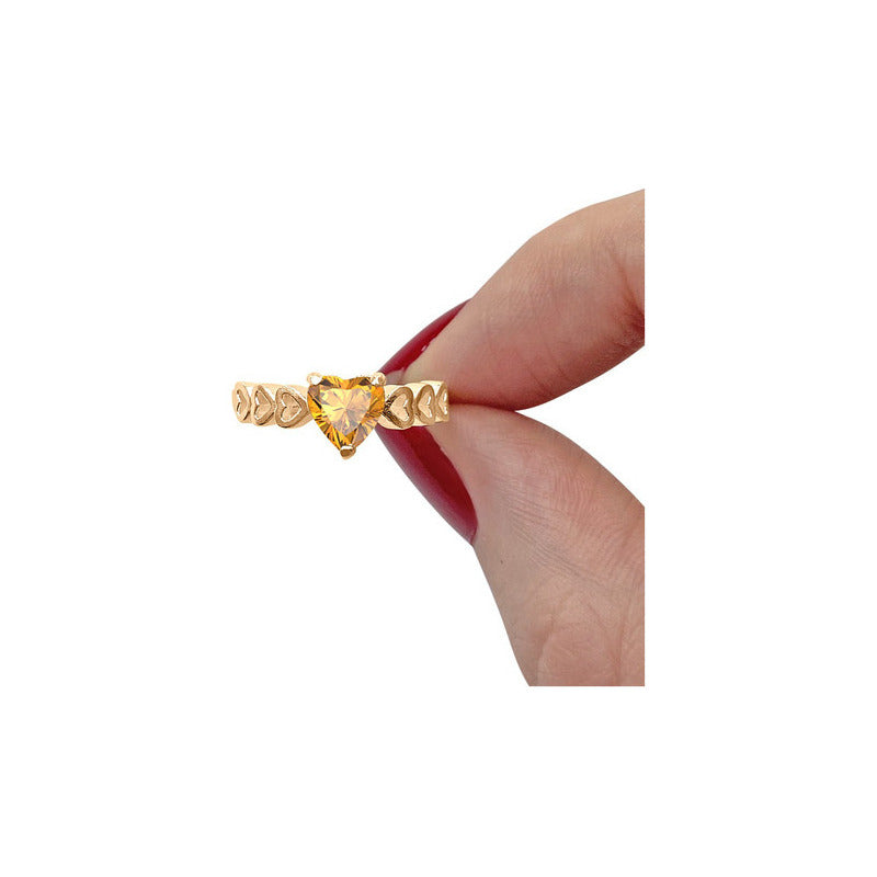 Anel Luxo Coração Prata 925 Dourada A Ouro 18k - Citrino