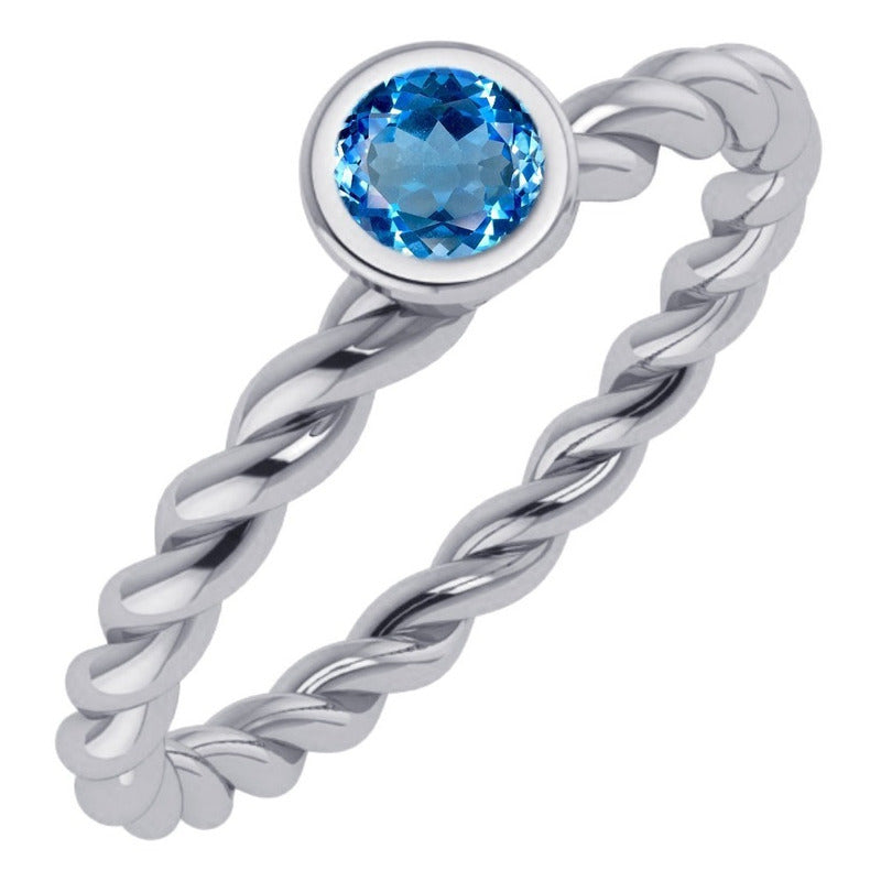 Anel Prata 925 Solitário Torcido Topázio Azul - Exclusivo