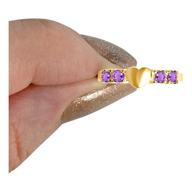 Anel Coração Prata 925 Banhado Ouro 18k Zirconia Roxa