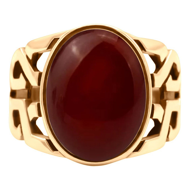 Anel Elos Oval Prata 925 Dourada Ouro 18k Ágata Vermelha Tamanho 32