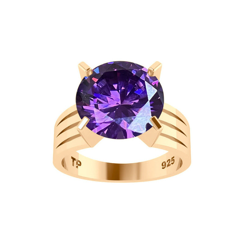 Anel Solitário Prata 925 Dourada 18k - Ametista Grande