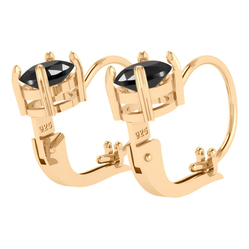 Brinco Trava Pura Prata 925 Dourada 18k - Black Ônix Oval