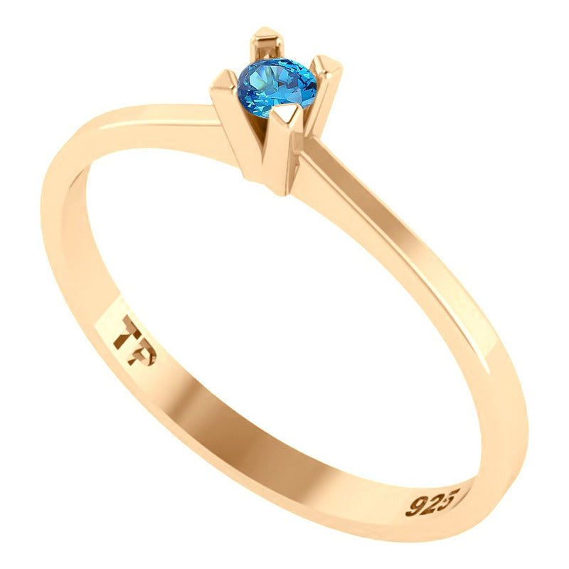 Anel Solitário Prata 925 Dourada18k - Topázio Azul