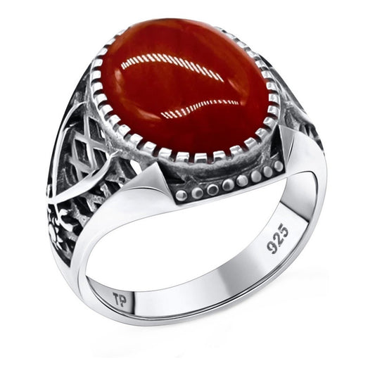 Anel Masculino De Prata 925 Oval Ágata Vermelha - Exclusivo