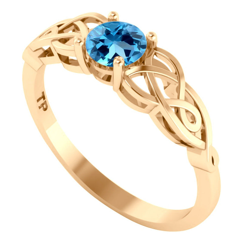 Anel Celta Knot Prata 925 Dourada Ouro 18k - Topázio Azul