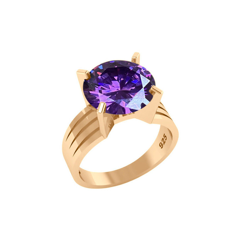 Anel Solitário Prata 925 Dourada 18k - Ametista Grande