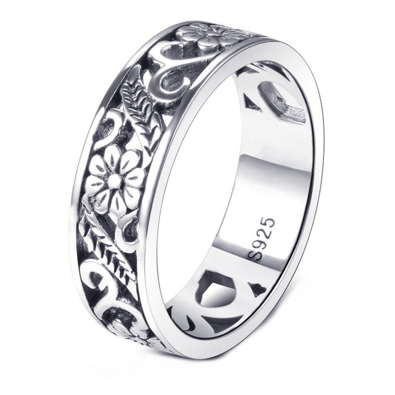 Anel Floral Esculpido Pura Prata 925 Unissex - Exclusivo