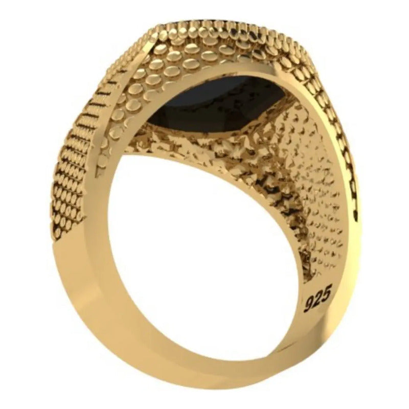 Anel Masculino Prata 925 Dourada Tudo Prata Ônix Negro Oval Tamanho 19 Dourado