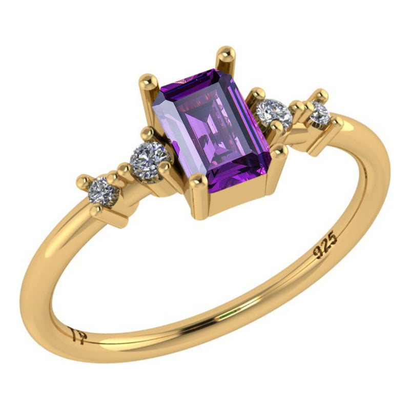 Anel Viena Retangular Prata 925 Dourada 18k - Ametista