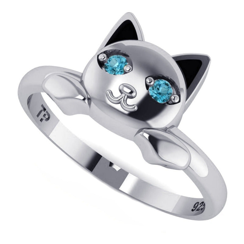Anel Gatinho Olhos Topázio Azul Pura Prata 925 - Exclusivo