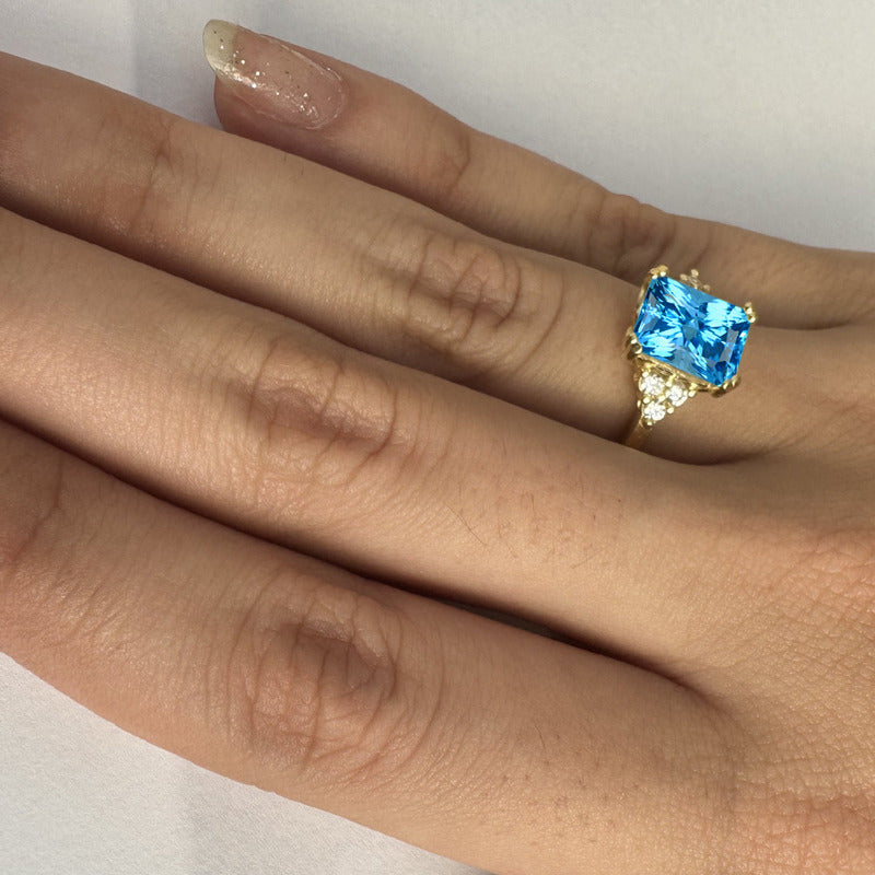 Anel Vintage Clássico Prata 925 Dourada 18k Topázio Azul