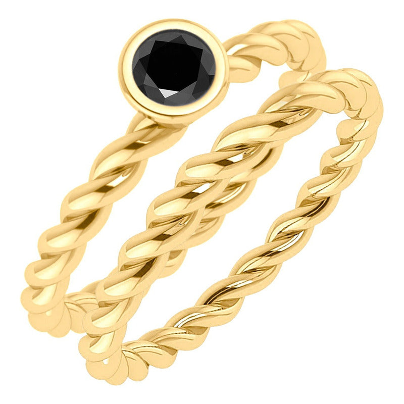 Anel Duplo Prata 925 Dourada 18k Torcido - Black Onix