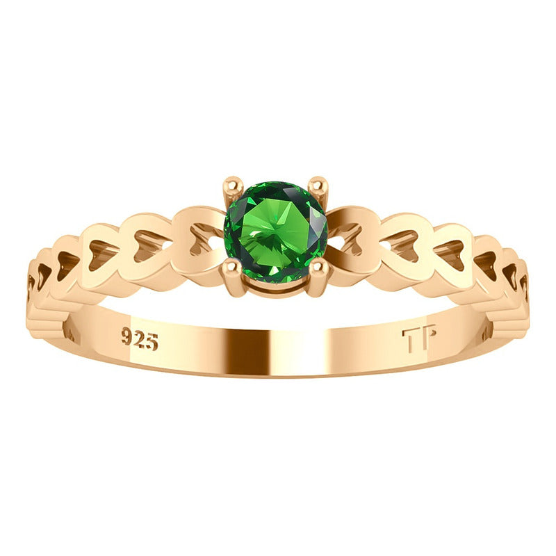 Anel Luxo Corações Prata 925 Dourada Ouro 18k Esmeralda