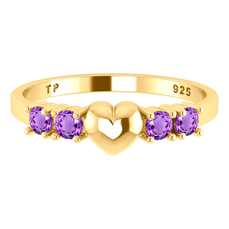 Anel Coração Prata 925 Banhado Ouro 18k Zirconia Roxa