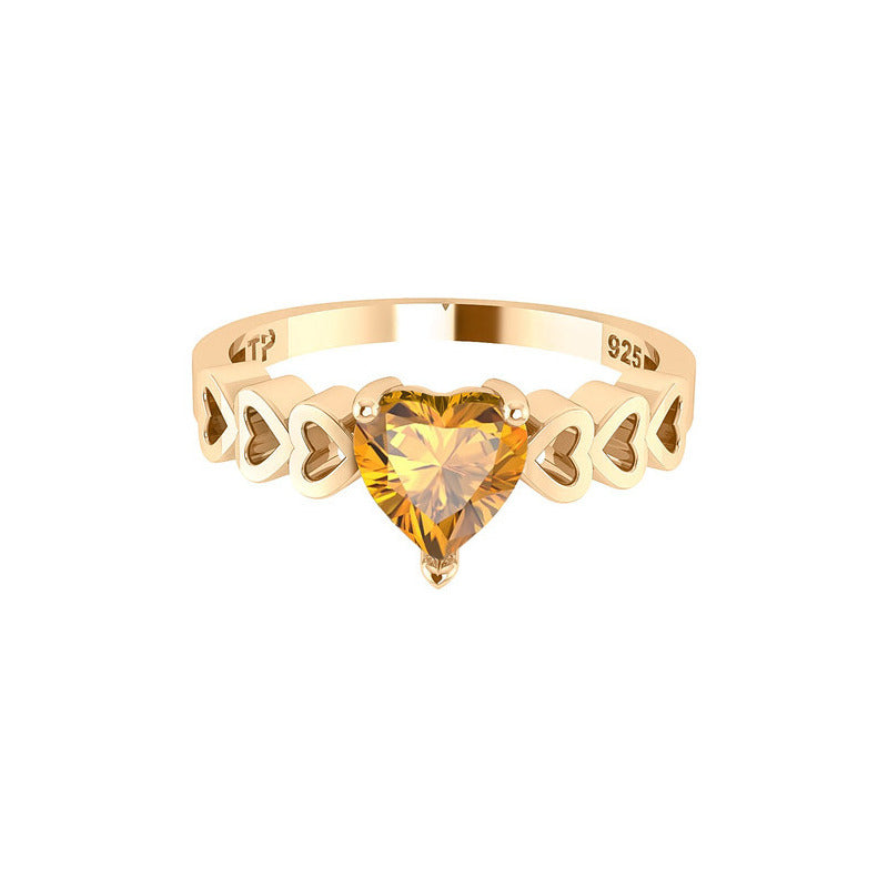 Anel Luxo Coração Prata 925 Dourada A Ouro 18k - Citrino