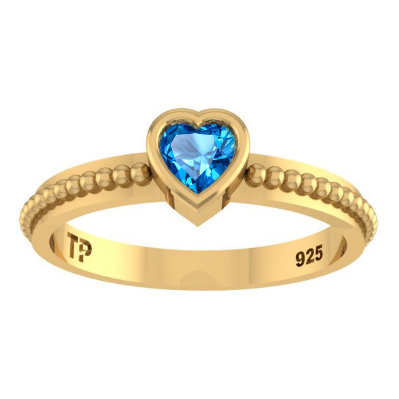 Anel Prata 925 Dourada 18k Solitário Coração - Topázio