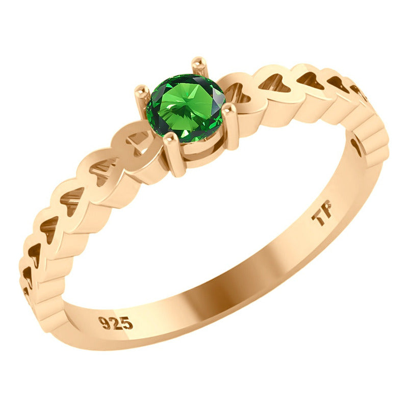 Anel Luxo Corações Prata 925 Dourada Ouro 18k Esmeralda