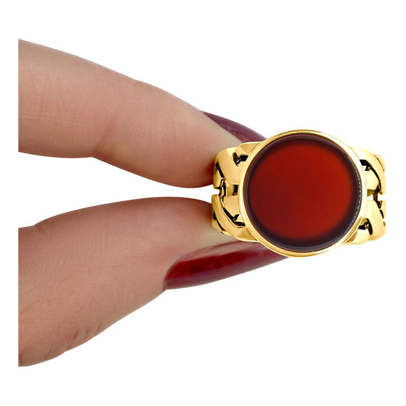Anel Elos Redondo Prata 925 Dourada Ouro 18k- Ágata Vermelha