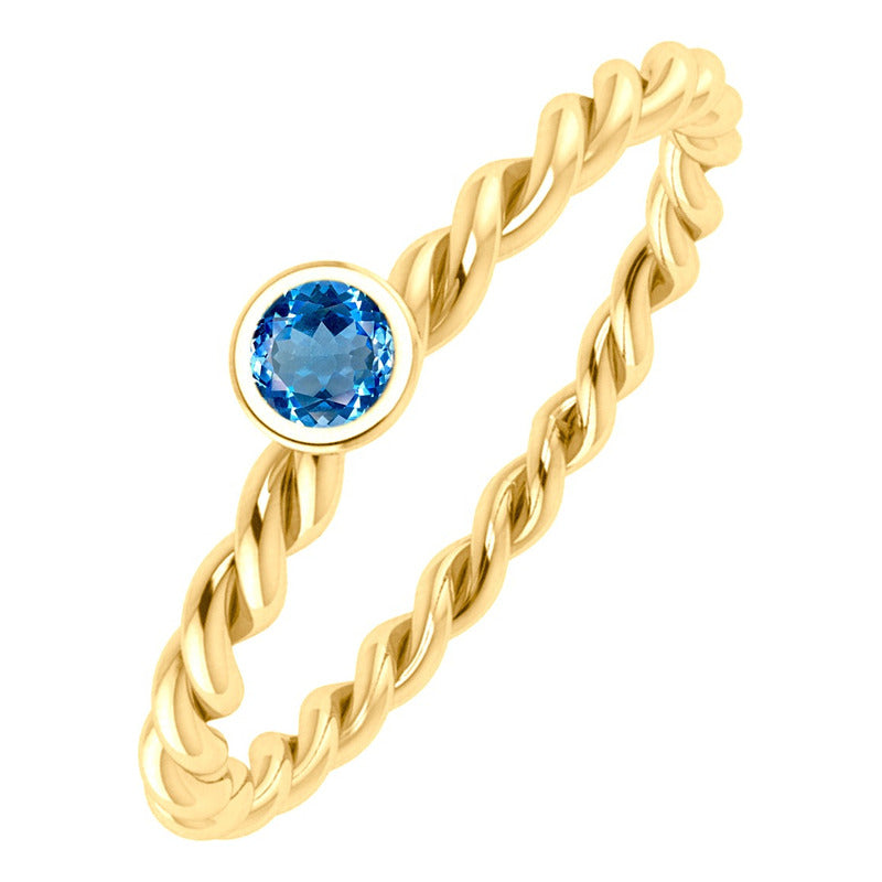 Anel Solitário Prata 925 Dourada 18k Torcido - Topázio Azul