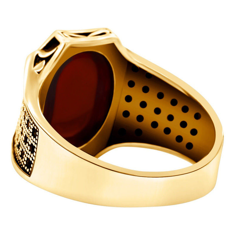 Anel Cabochão Prata 925 Dourada Ouro 18k - Ágata Vermelha