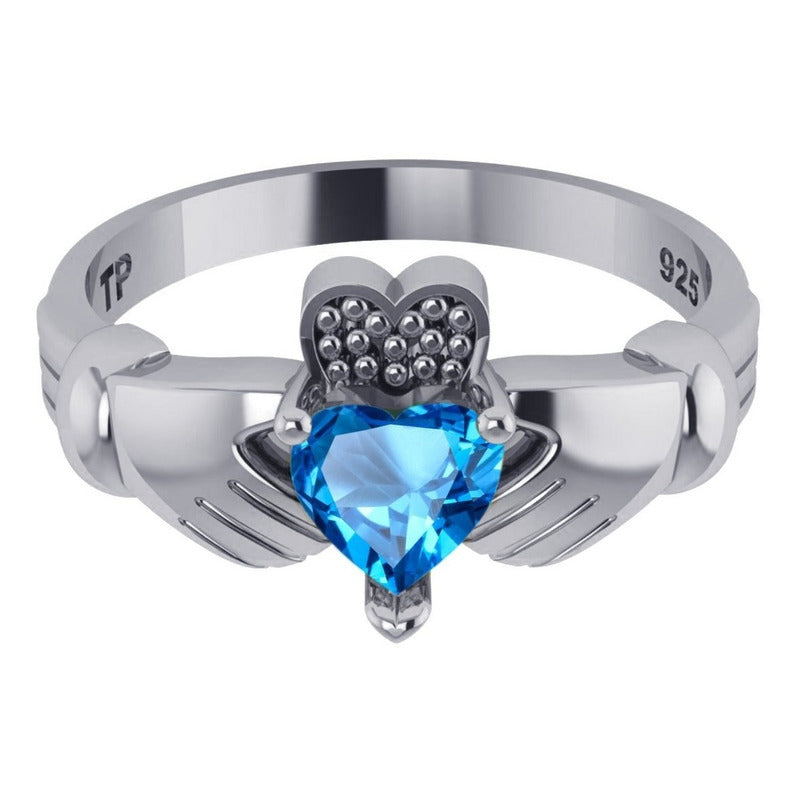 Anel De Prata 925 Claddagh Topázio Azul- Unissex