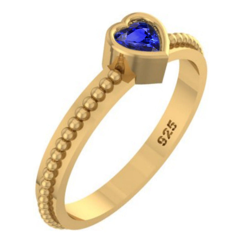 Anel Prata 925 Dourada 18k Solitário Coração - Safira