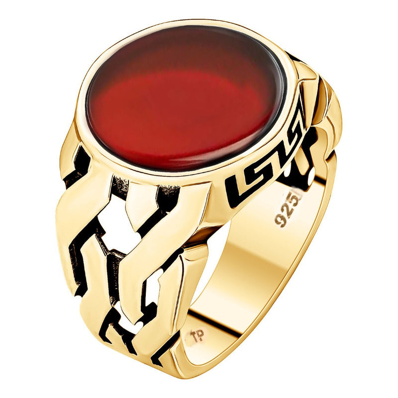 Anel Elos Redondo Prata 925 Dourada Ouro 18k- Ágata Vermelha