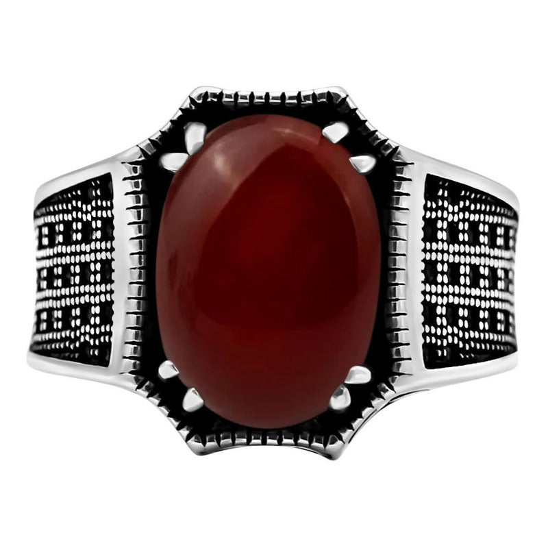 Anel Prata 925 Ágata Vermelha Natural Cabochão Exclusivo