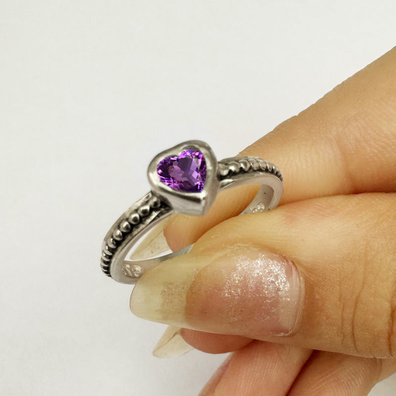 Pure 925 Silver Solitaire Amethyst Heart Ring - Exclusive